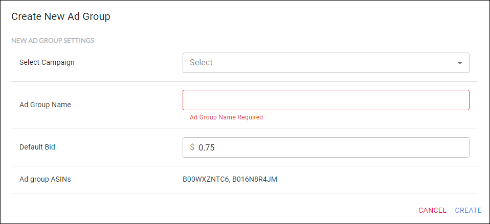 Create Ad Group - set an ad group default bid and include ASIN's